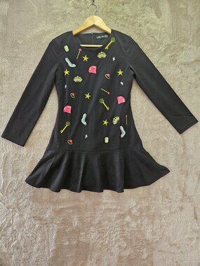 Zara Black Dress Flared Drop-Waist All Over Print Embroidered Stars Shoes Crowns